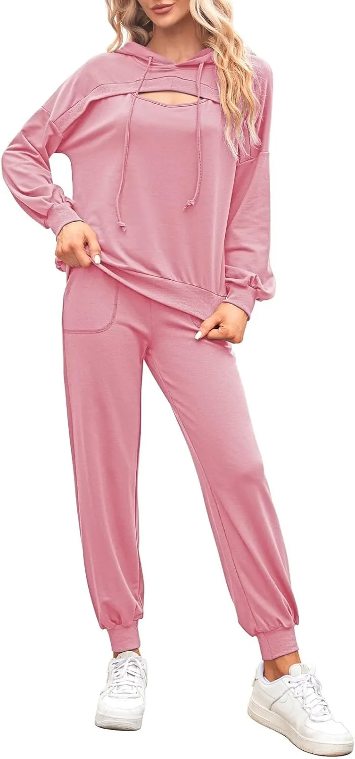 Pink Queen Womens 2 Piece Sweatsuit Outfits Long Sleeve Cutout Hoodies and Drawstring Pants Tracksuit Lounge Set with Pockets