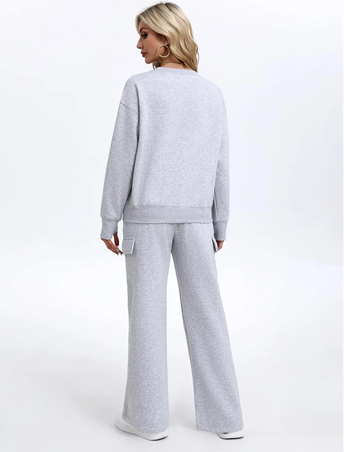PINSPARK 2 Piece Sets for Women 2025 Fleece Sweatsuits Oversized Sweatshirts Wide Leg Cargo Sweatpants with Pockets Thumbhole