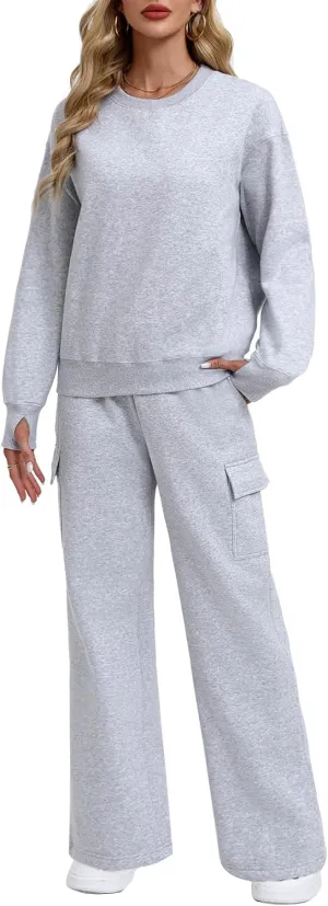 PINSPARK 2 Piece Sets for Women 2025 Fleece Sweatsuits Oversized Sweatshirts Wide Leg Cargo Sweatpants with Pockets Thumbhole