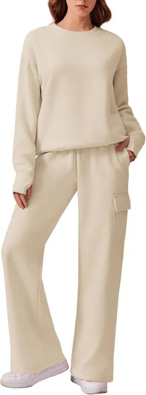 PINSPARK 2 Piece Sets for Women 2025 Fleece Sweatsuits Oversized Sweatshirts Wide Leg Cargo Sweatpants with Pockets Thumbhole