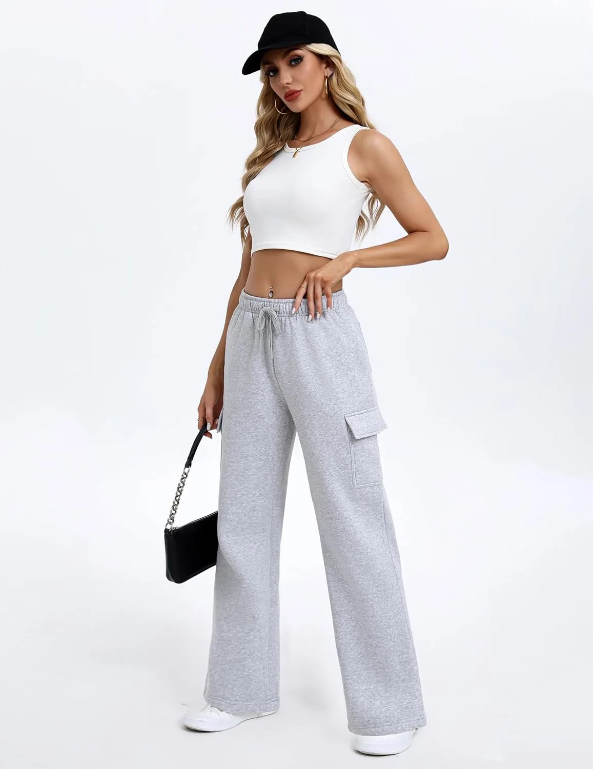 PINSPARK 2 Piece Sets for Women 2025 Fleece Sweatsuits Oversized Sweatshirts Wide Leg Cargo Sweatpants with Pockets Thumbhole