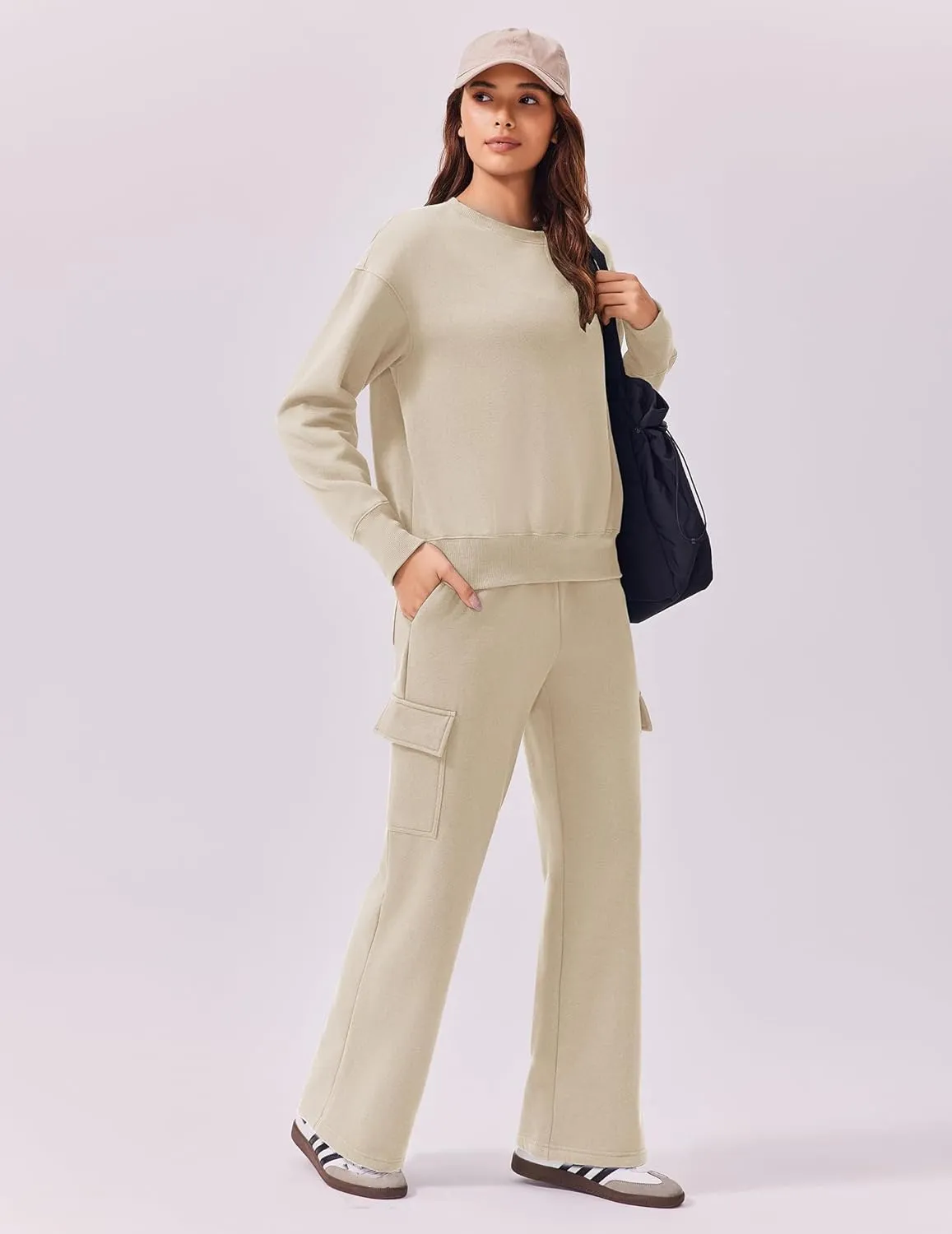 PINSPARK 2 Piece Sets for Women 2025 Fleece Sweatsuits Oversized Sweatshirts Wide Leg Cargo Sweatpants with Pockets Thumbhole