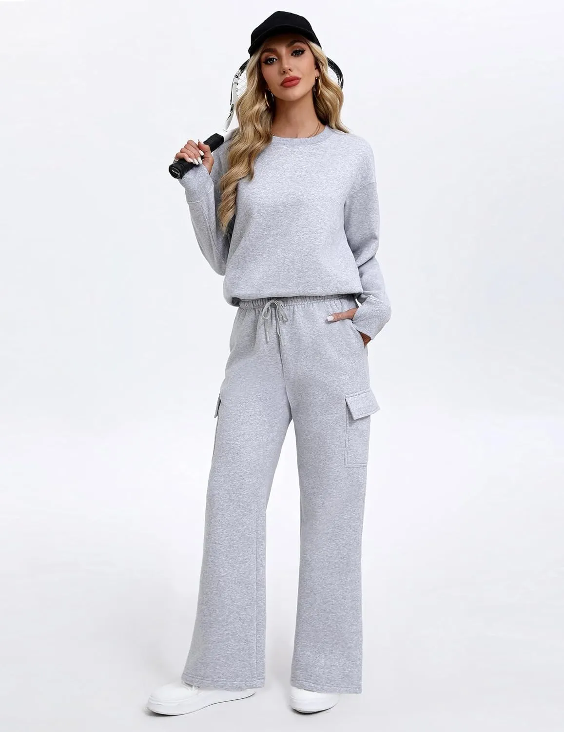 PINSPARK 2 Piece Sets for Women 2025 Fleece Sweatsuits Oversized Sweatshirts Wide Leg Cargo Sweatpants with Pockets Thumbhole