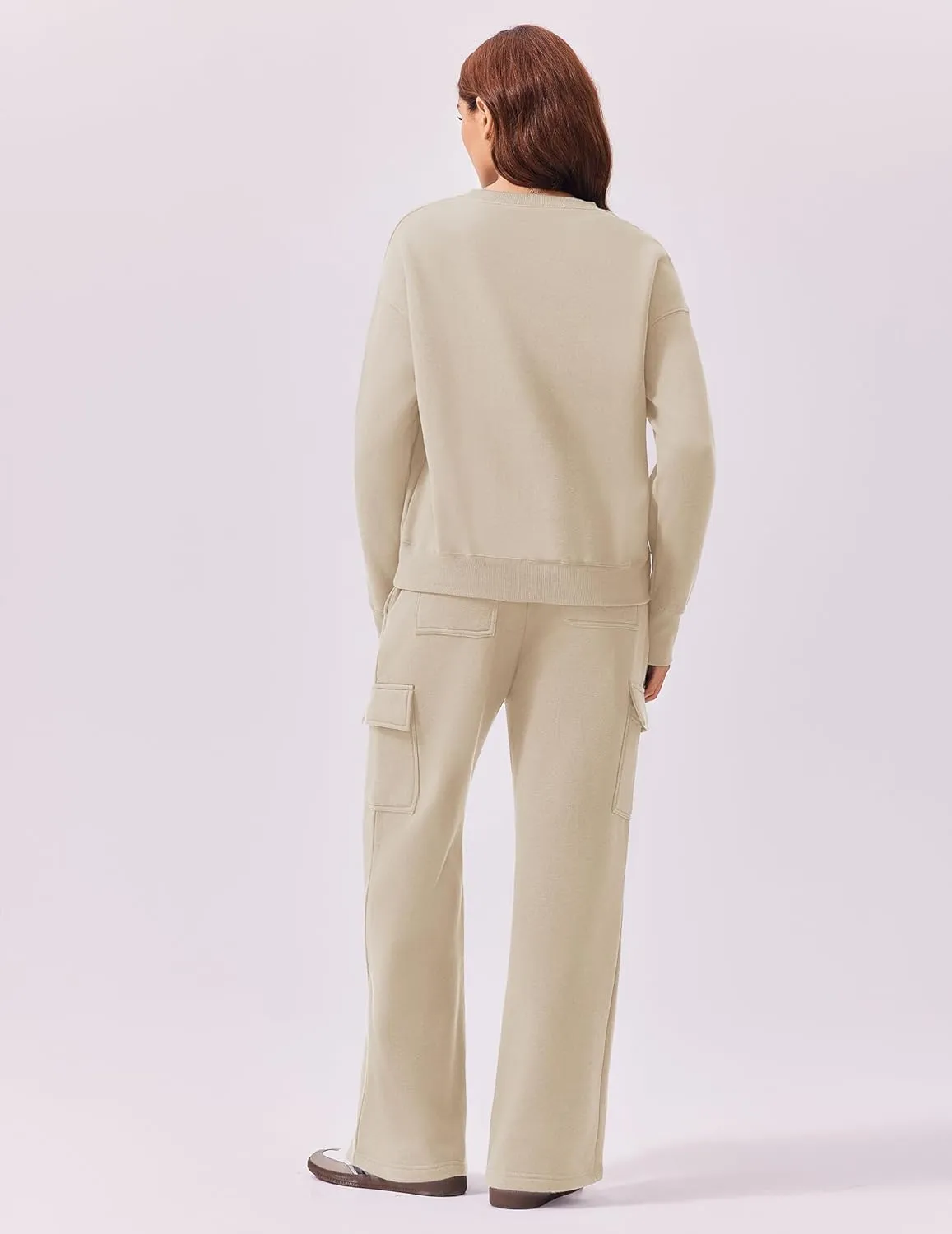 PINSPARK 2 Piece Sets for Women 2025 Fleece Sweatsuits Oversized Sweatshirts Wide Leg Cargo Sweatpants with Pockets Thumbhole