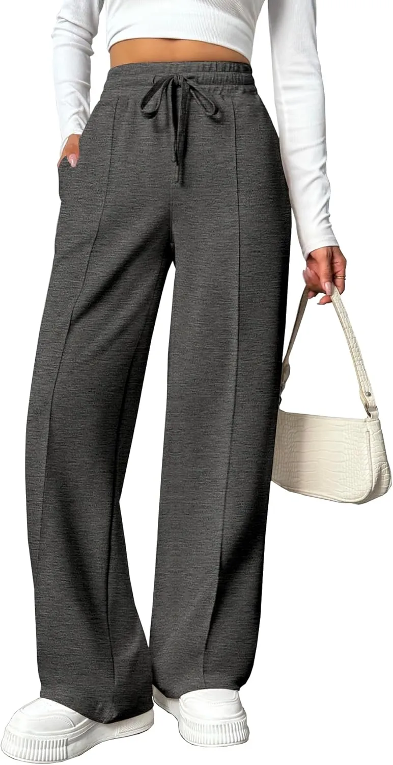 PINSPARK Wide Leg Sweatpants Women High Waisted Baggy Sweat Pants Elastic Elevated Seams Loose Active Pants with Pockets