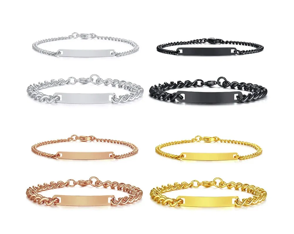 Plate Id Tag Bar Bracelet Cuban Link Chain Brazalets Engravable Name Stainless Steel Bracelet for Men Women Couple Bangle Jewels