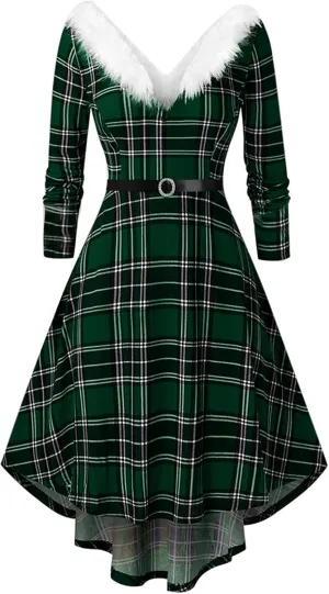 Plus Size Christmas Dress for Women Furry V Neck Long Sleeves Plaid High Low Dresses Vintage Evening Party Midi Dress