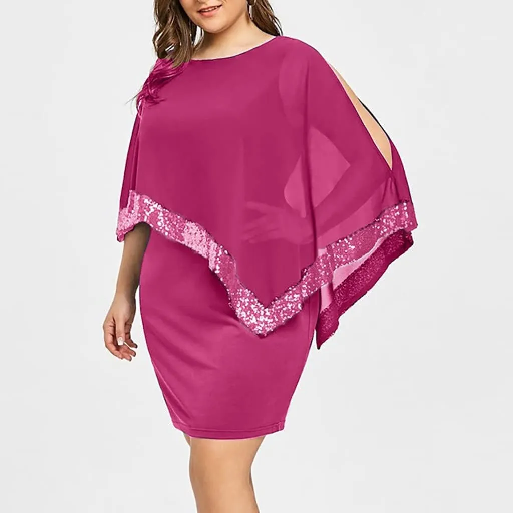 Plus Size Dresses for Curvy Women,2024 Trendy Irregular Chiffon Cape Wedding Guest Dress,Elegant Bodycon Midi Pencil Dress
