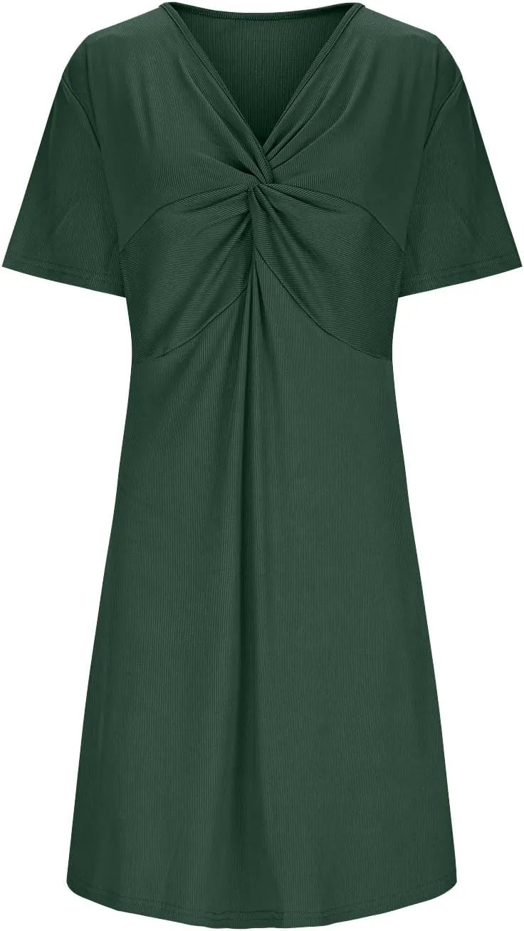 Plus Size Summer Dresses for Curvy Women Front Twist Knotted V Neck Ruched Midi Dress Evening Dress Gowns