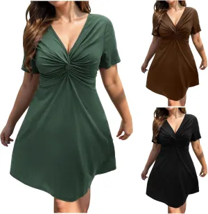 Plus Size Summer Dresses for Curvy Women Front Twist Knotted V Neck Ruched Midi Dress Evening Dress Gowns