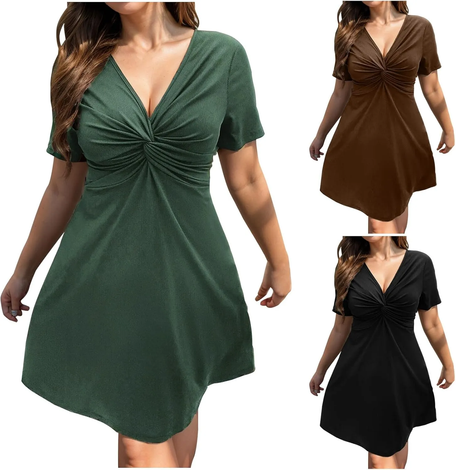 Plus Size Summer Dresses for Curvy Women Front Twist Knotted V Neck Ruched Midi Dress Evening Dress Gowns