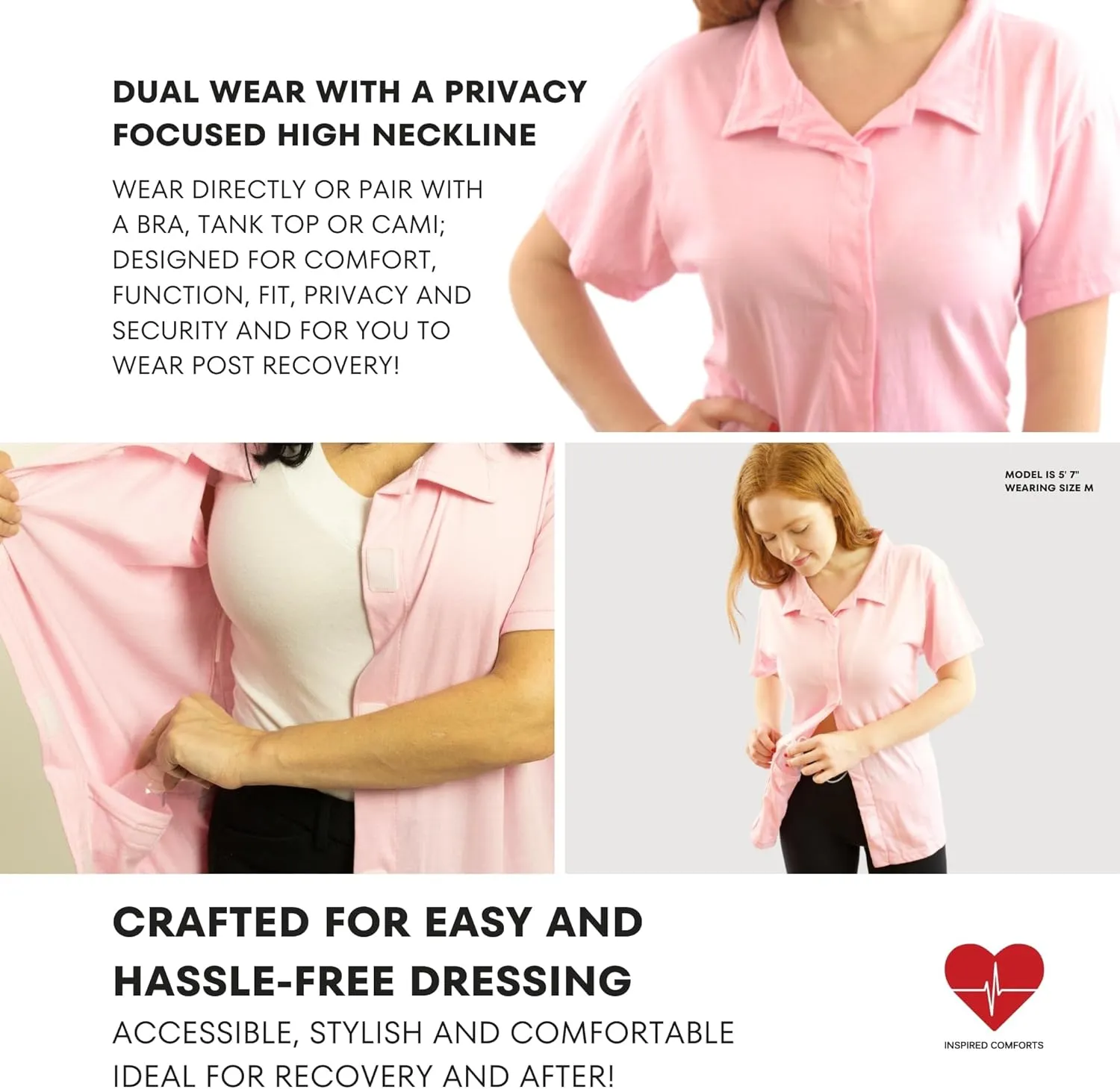 Post Op Easy Open Mastectomy Recovery Top with Pockets & Fasteners for Drains Pink