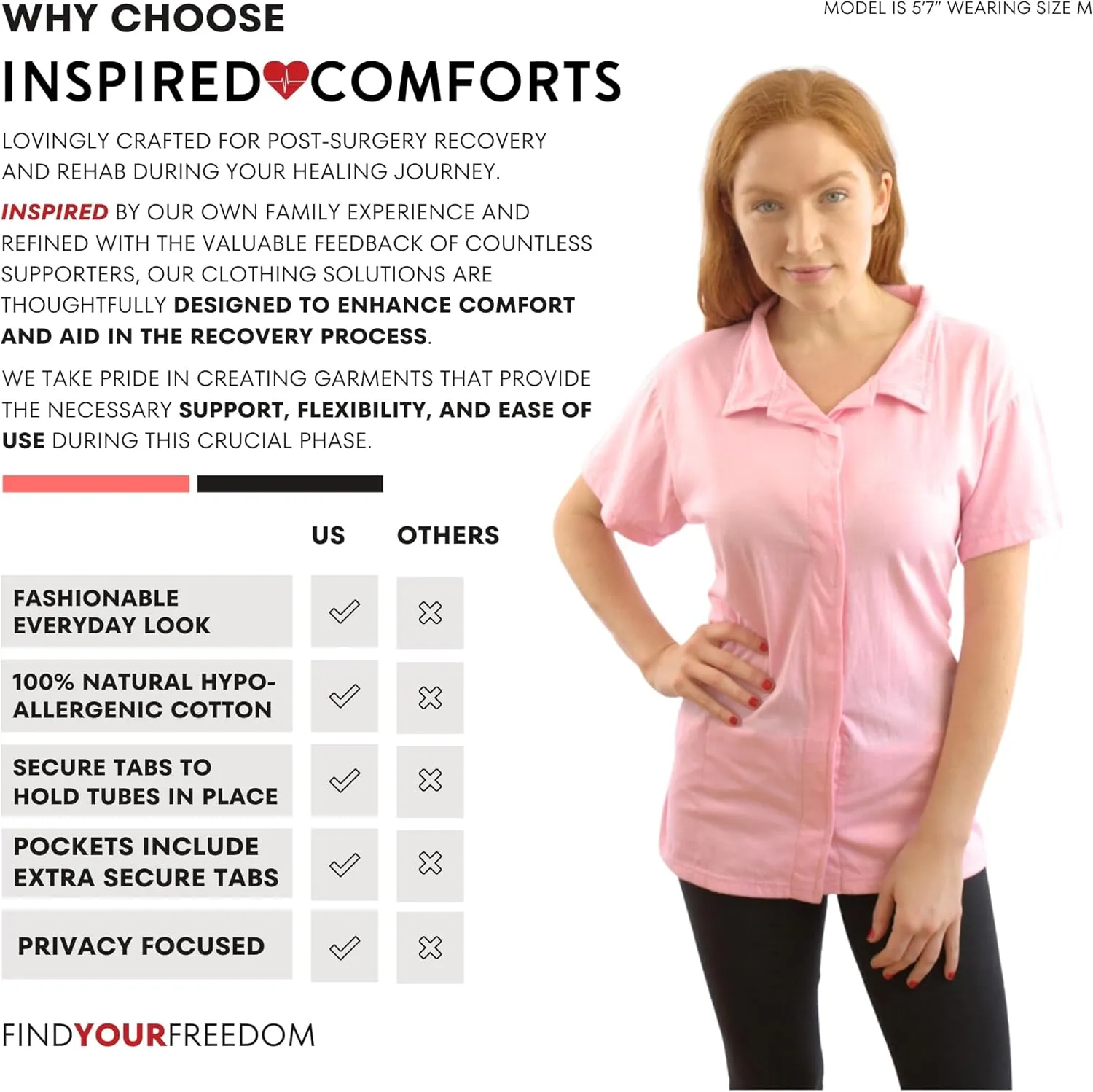Post Op Easy Open Mastectomy Recovery Top with Pockets & Fasteners for Drains Pink