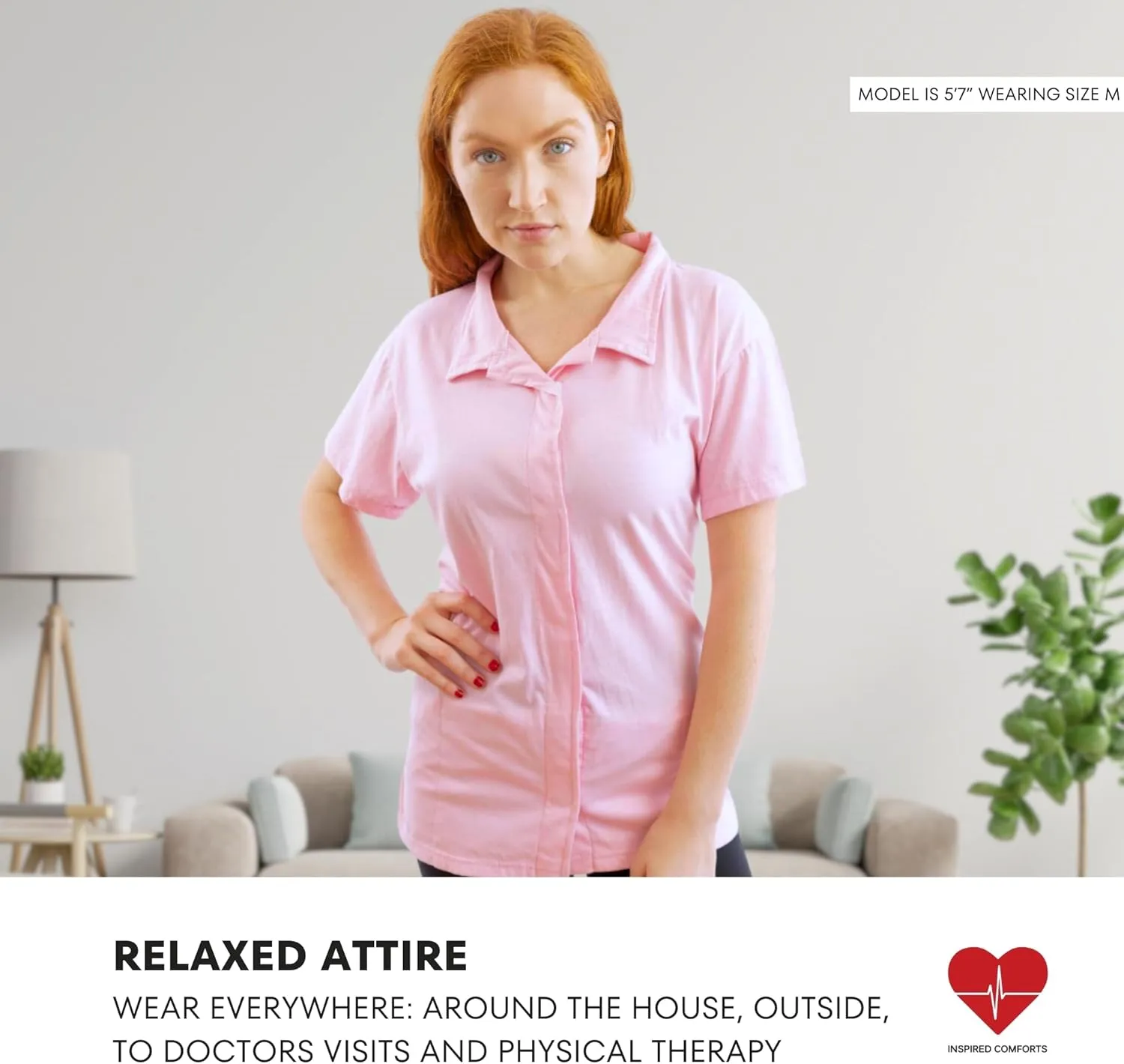 Post Op Easy Open Mastectomy Recovery Top with Pockets & Fasteners for Drains Pink