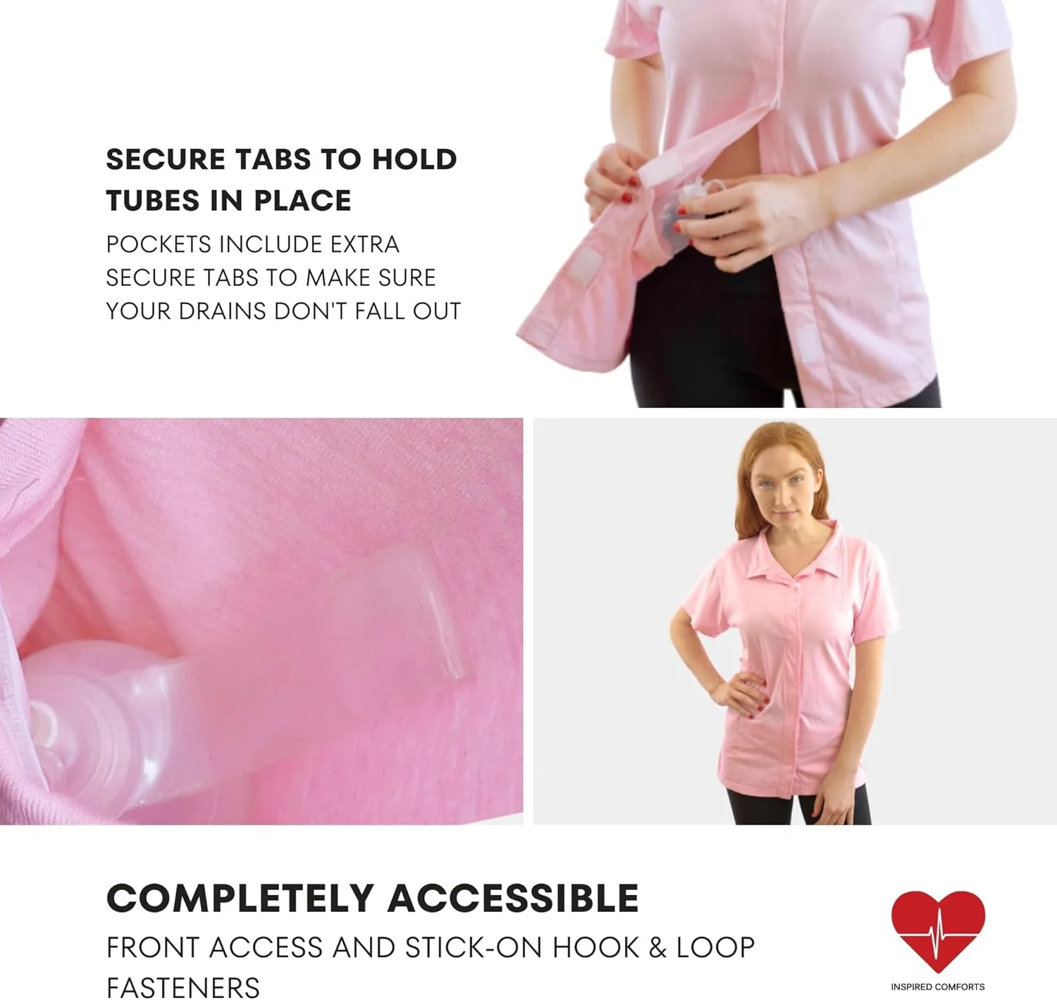 Post Op Easy Open Mastectomy Recovery Top with Pockets & Fasteners for Drains Pink