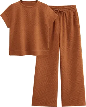 PRETTYGARDEN 2 Piece Outfits For Women Casual Tracksuit Short Sleeve Tops And Wide Leg Long Pants Matching Lounge Sets