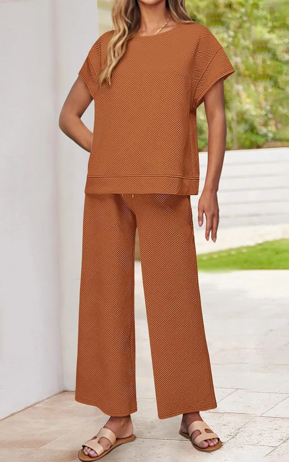 PRETTYGARDEN 2 Piece Outfits For Women Casual Tracksuit Short Sleeve Tops And Wide Leg Long Pants Matching Lounge Sets