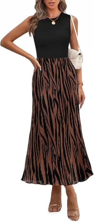 PRETTYGARDEN Womens Spring 2025 Graphic Print A Line Pleated Work Midi Dresses for Women Casual Plisse Long Dress