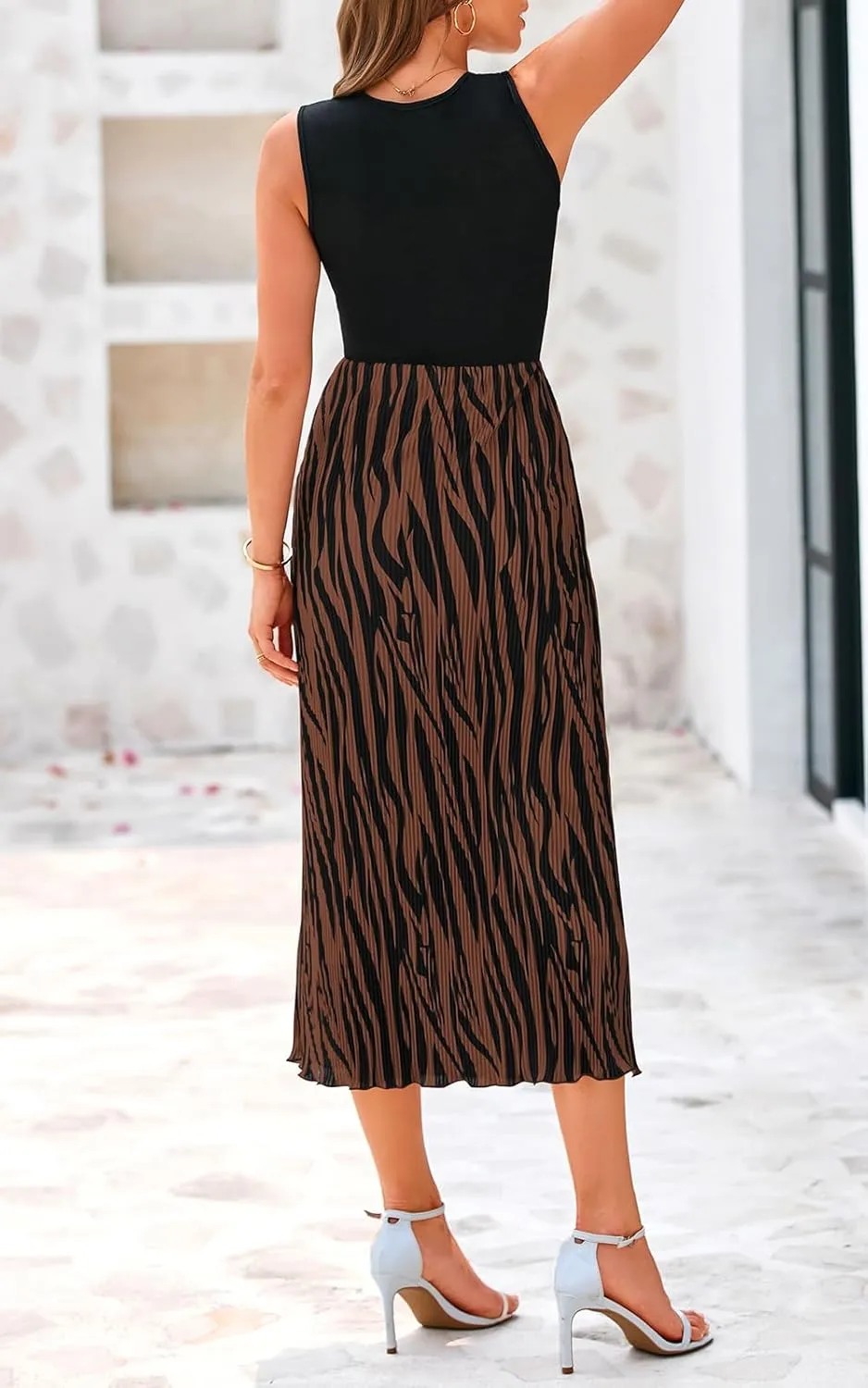 PRETTYGARDEN Womens Spring 2025 Graphic Print A Line Pleated Work Midi Dresses for Women Casual Plisse Long Dress