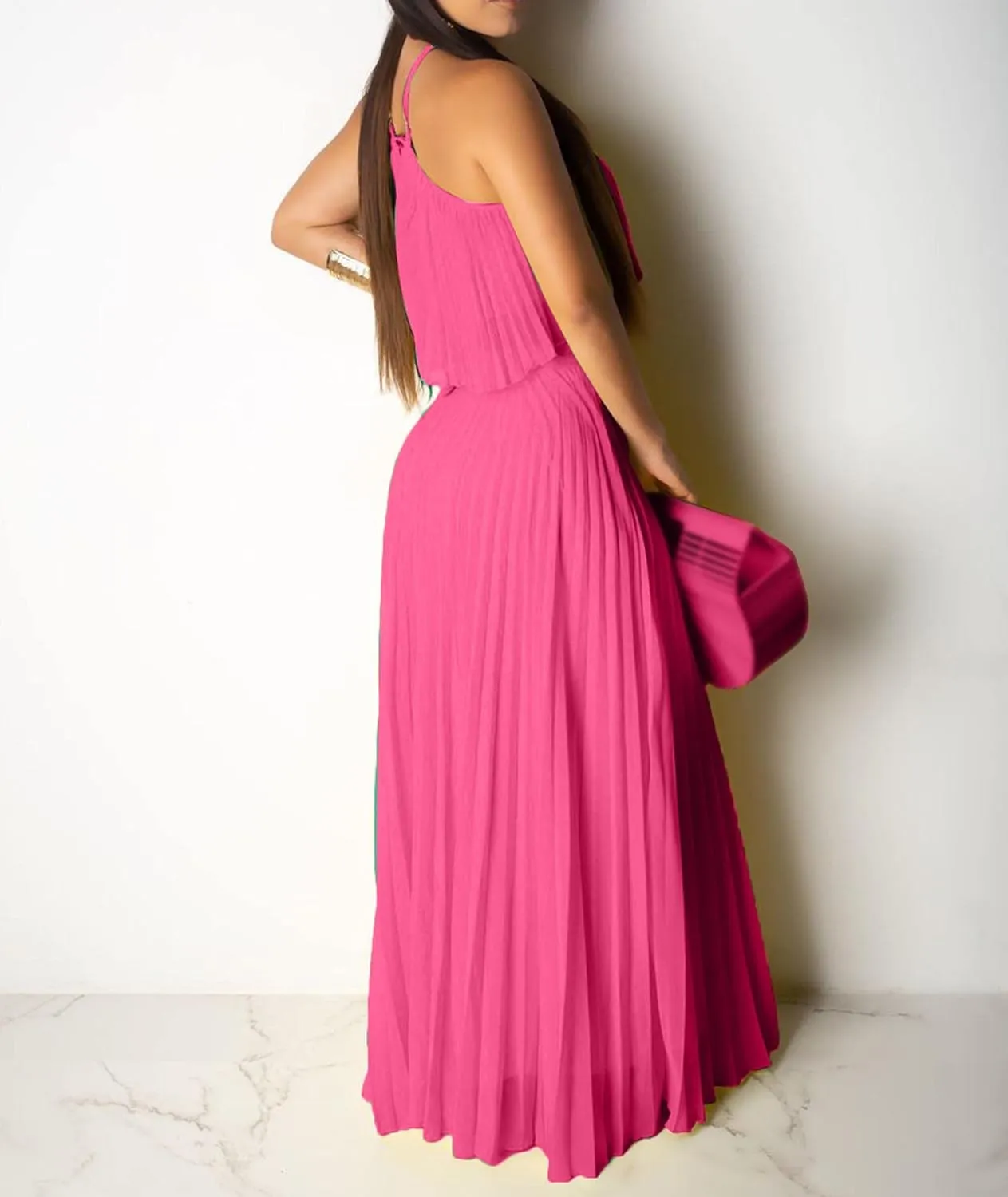 Raboolion Women's Halter Neck Sleevless Chiffon Maxi Dress Ruffle Crop Top and Flowy Pleated Skirts Sets Party Beach Sundress
