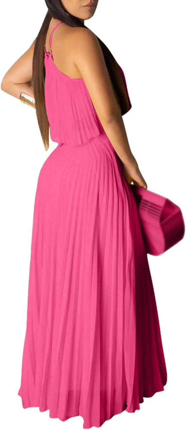 Raboolion Women's Halter Neck Sleevless Chiffon Maxi Dress Ruffle Crop Top and Flowy Pleated Skirts Sets Party Beach Sundress