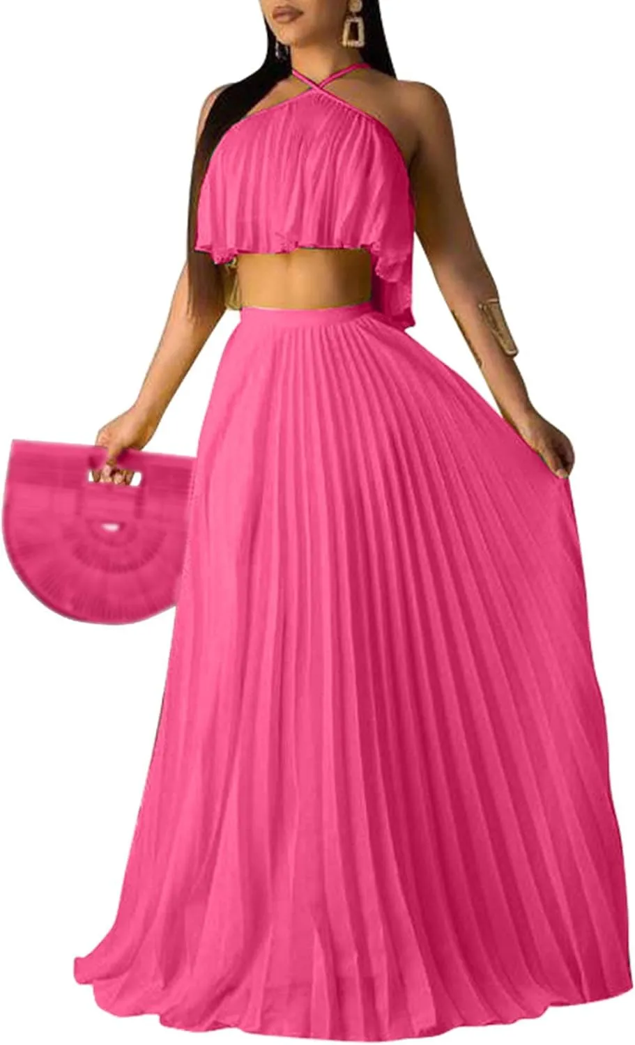 Raboolion Women's Halter Neck Sleevless Chiffon Maxi Dress Ruffle Crop Top and Flowy Pleated Skirts Sets Party Beach Sundress
