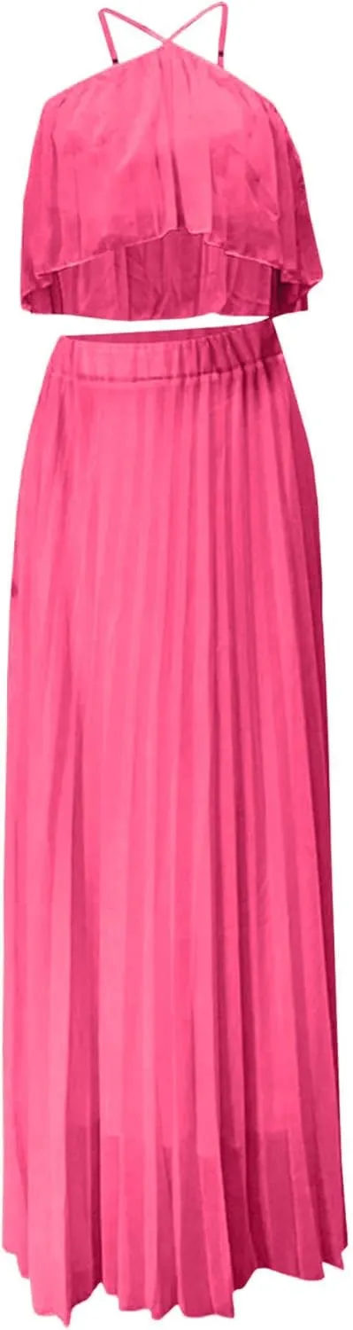 Raboolion Women's Halter Neck Sleevless Chiffon Maxi Dress Ruffle Crop Top and Flowy Pleated Skirts Sets Party Beach Sundress