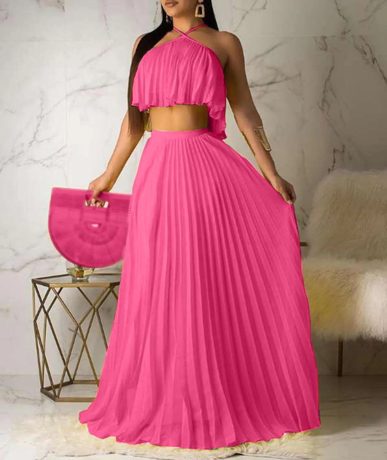 Raboolion Women's Halter Neck Sleevless Chiffon Maxi Dress Ruffle Crop Top and Flowy Pleated Skirts Sets Party Beach Sundress