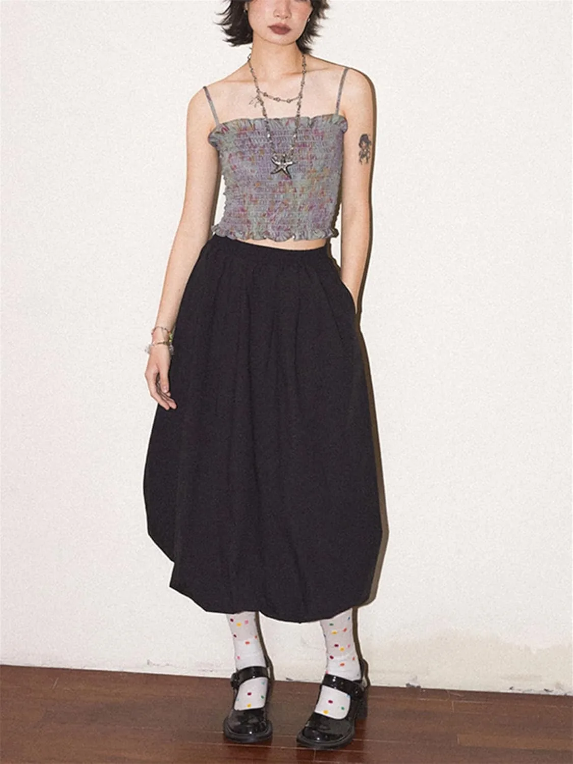 Raruxxin Women Y2k Bubble Maxi Skirt Elastic Low Waist Pleated Balloon Long Skirt Summer Ruffle Puffy Flowy Swing Midi Dress
