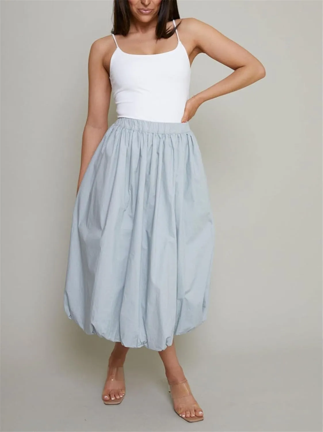 Raruxxin Women Y2k Bubble Maxi Skirt Elastic Low Waist Pleated Balloon Long Skirt Summer Ruffle Puffy Flowy Swing Midi Dress