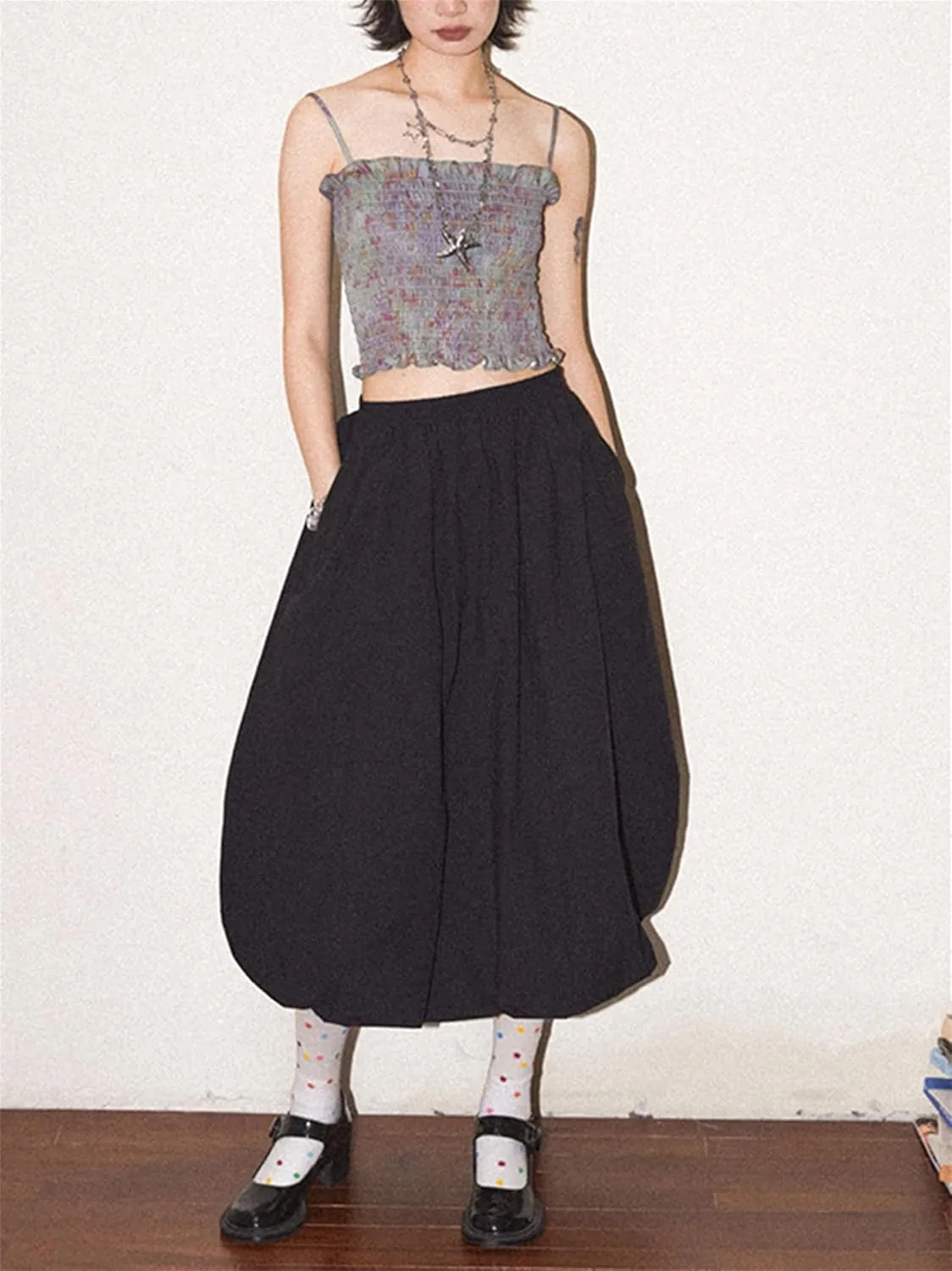 Raruxxin Women Y2k Bubble Maxi Skirt Elastic Low Waist Pleated Balloon Long Skirt Summer Ruffle Puffy Flowy Swing Midi Dress