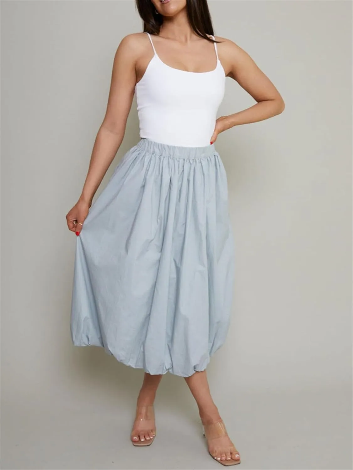 Raruxxin Women Y2k Bubble Maxi Skirt Elastic Low Waist Pleated Balloon Long Skirt Summer Ruffle Puffy Flowy Swing Midi Dress
