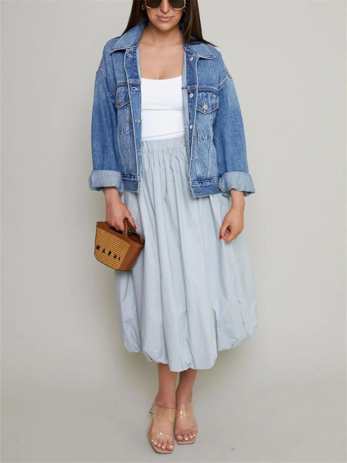 Raruxxin Women Y2k Bubble Maxi Skirt Elastic Low Waist Pleated Balloon Long Skirt Summer Ruffle Puffy Flowy Swing Midi Dress