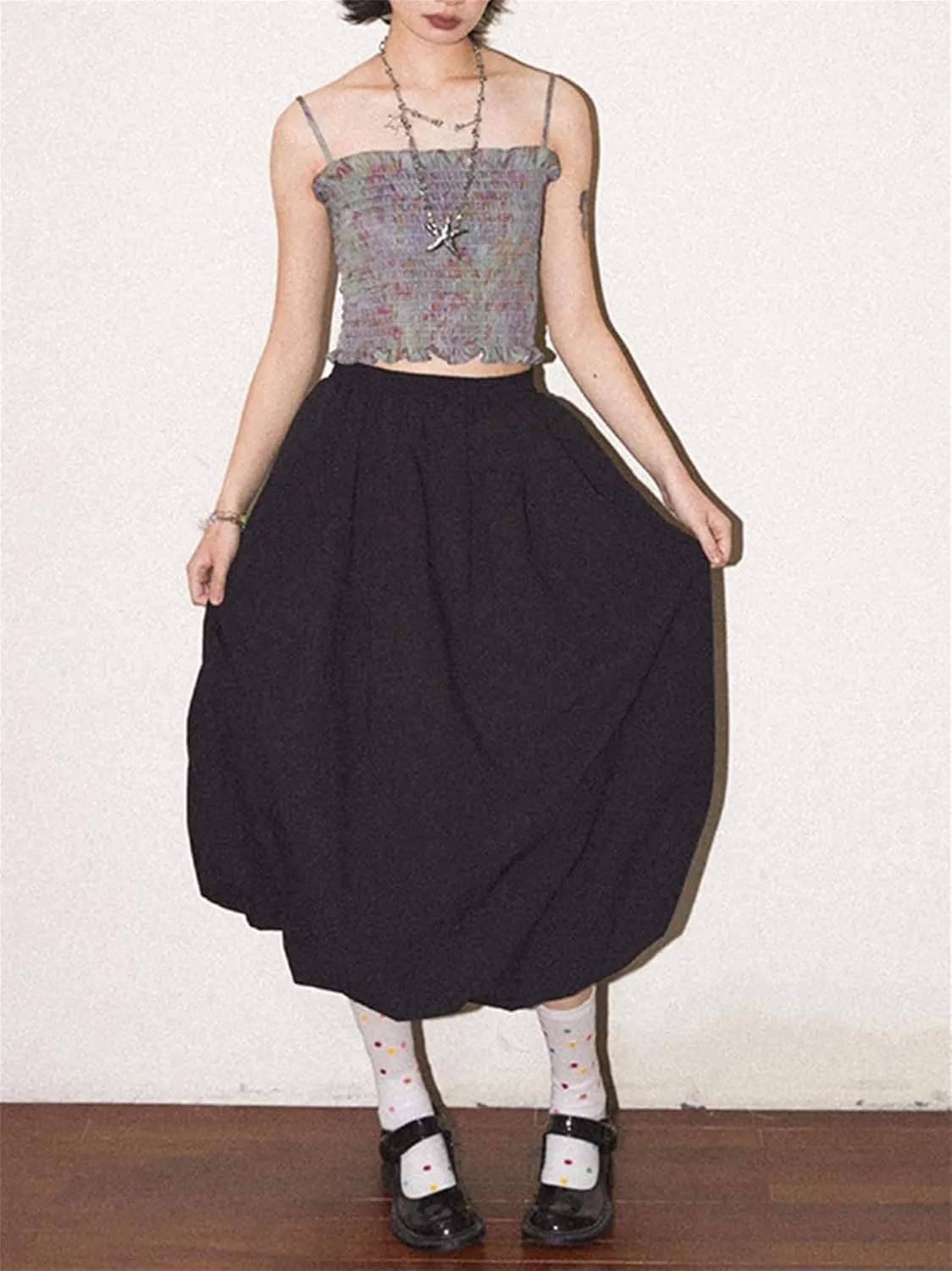 Raruxxin Women Y2k Bubble Maxi Skirt Elastic Low Waist Pleated Balloon Long Skirt Summer Ruffle Puffy Flowy Swing Midi Dress