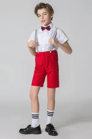Red 4 Piece Kids Boys' Formal Party Summer Suits Set With Suspenders
