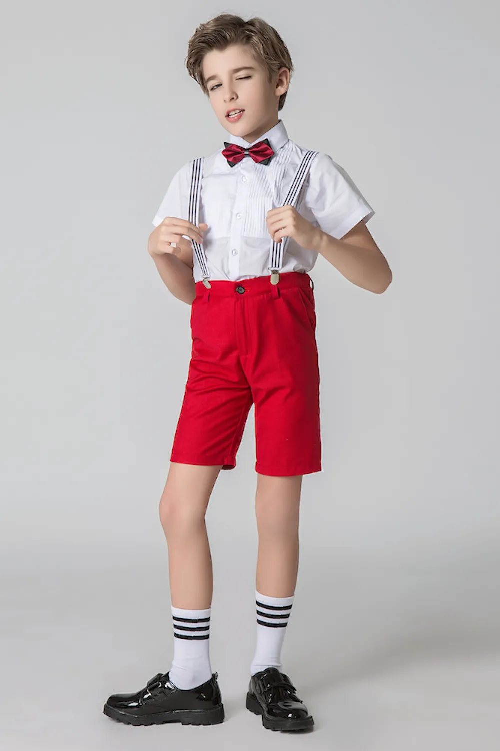 Red 4 Piece Kids Boys' Formal Party Summer Suits Set With Suspenders