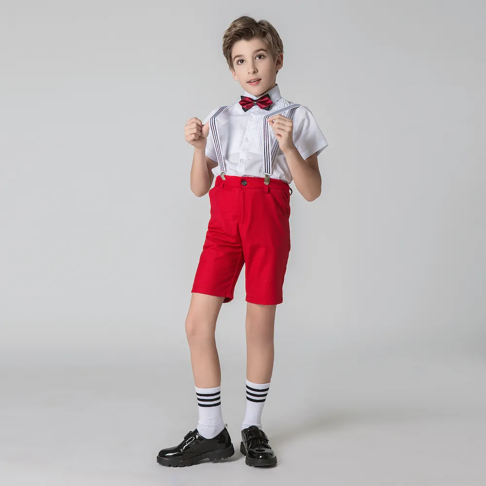 Red 4 Piece Kids Boys' Formal Party Summer Suits Set With Suspenders