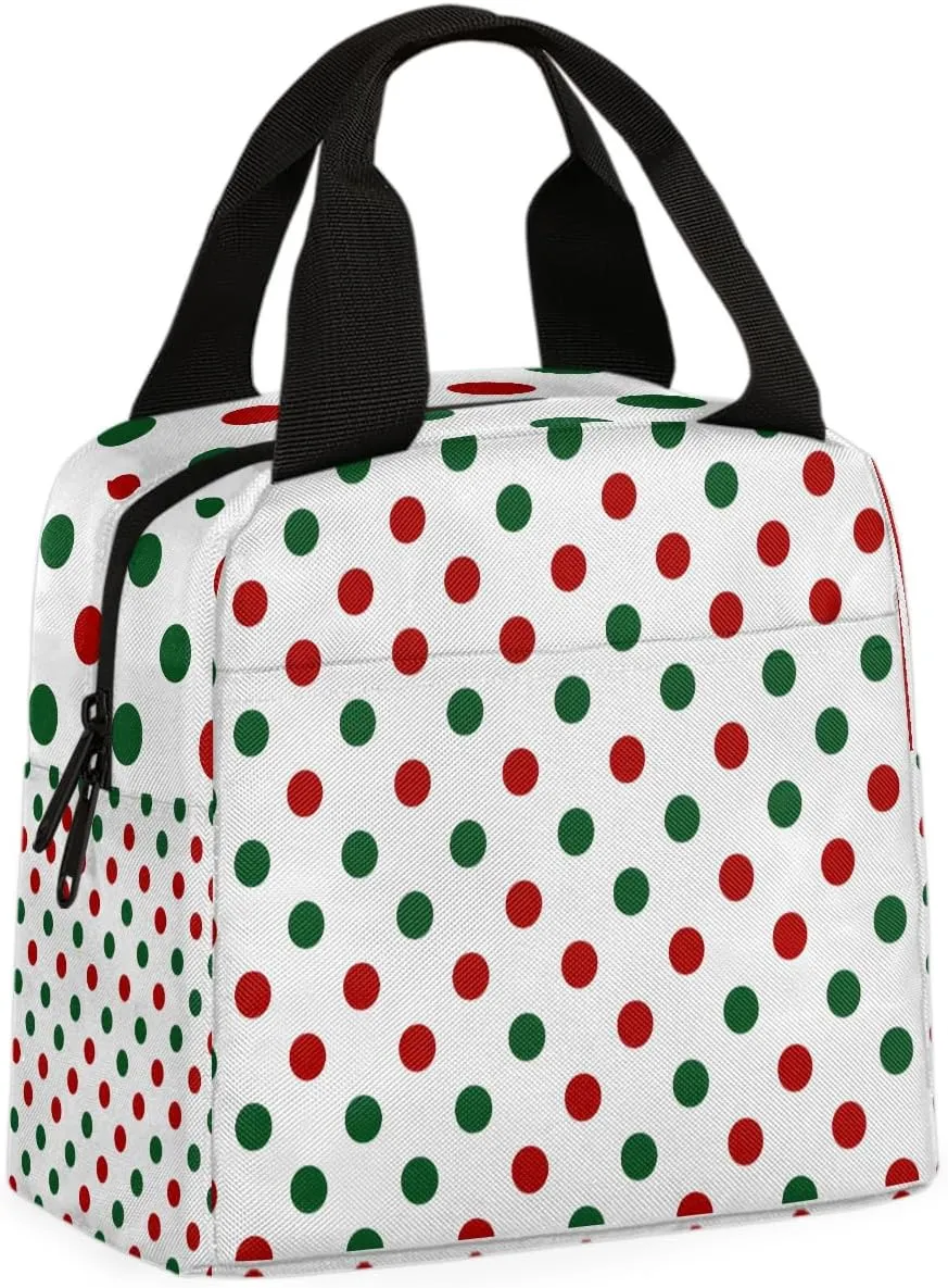 Red Green Dots Lunch Bag Vintage Dots Tote Lunch Bag Reusable Lunch Box Leakproof Cooler Bag