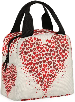 Red Hearts Lunch Bag Valentine's Day Tote Lunch Bag Reusable Lunch Box Leakproof Cooler Bag