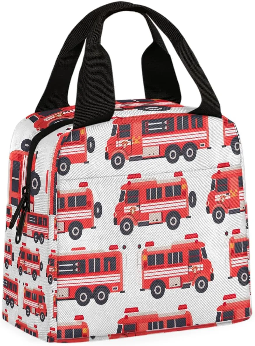 Retro Fire Truck Lunch Bag Cartoon Fire Truck Tote Lunch Bag Reusable Lunch Box Leakproof Cooler Bag
