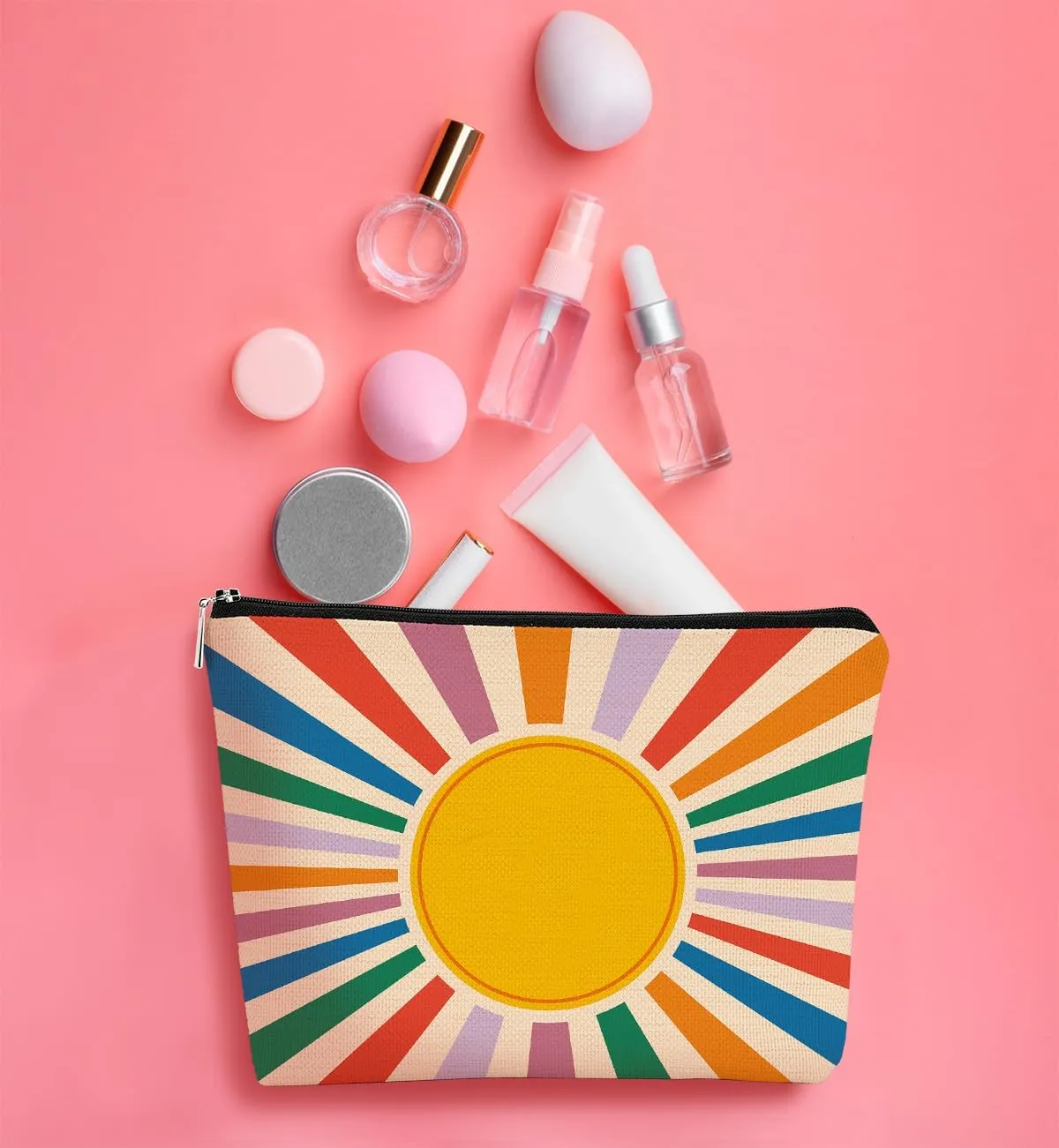 Retro Preppy Makeup Bag,Boho Sun Colorful Sunshine Ray Cosmetic Bag Best Gift for Sister Girls Girlfriend Wife,Daughter Gift from Mom,Birthday Christmas Valentine's Day Gifts