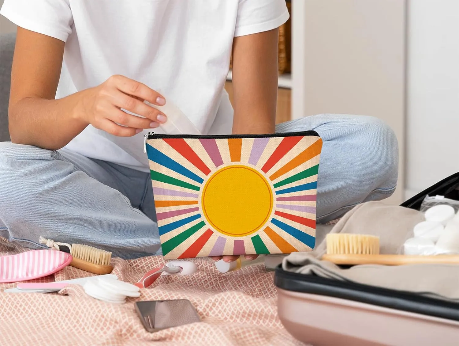 Retro Preppy Makeup Bag,Boho Sun Colorful Sunshine Ray Cosmetic Bag Best Gift for Sister Girls Girlfriend Wife,Daughter Gift from Mom,Birthday Christmas Valentine's Day Gifts