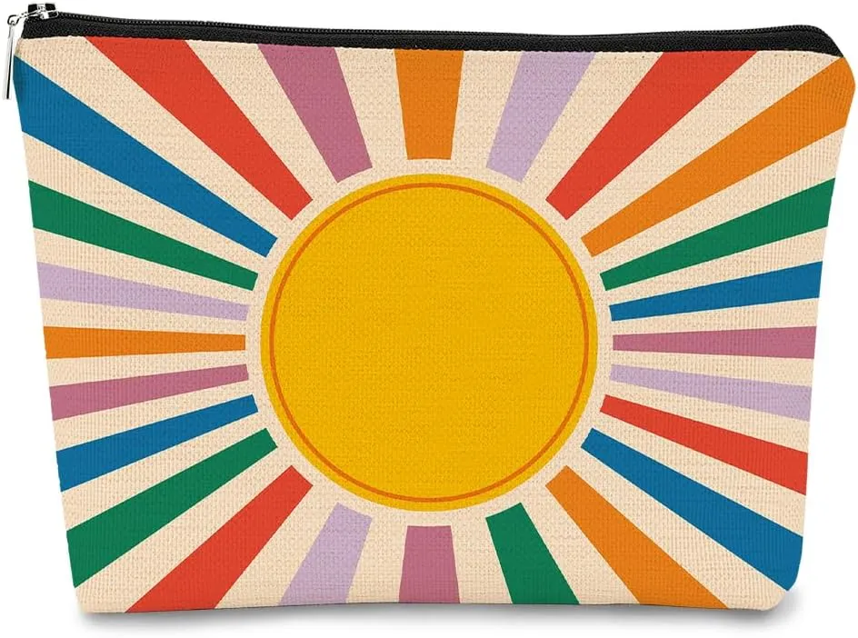 Retro Preppy Makeup Bag,Boho Sun Colorful Sunshine Ray Cosmetic Bag Best Gift for Sister Girls Girlfriend Wife,Daughter Gift from Mom,Birthday Christmas Valentine's Day Gifts