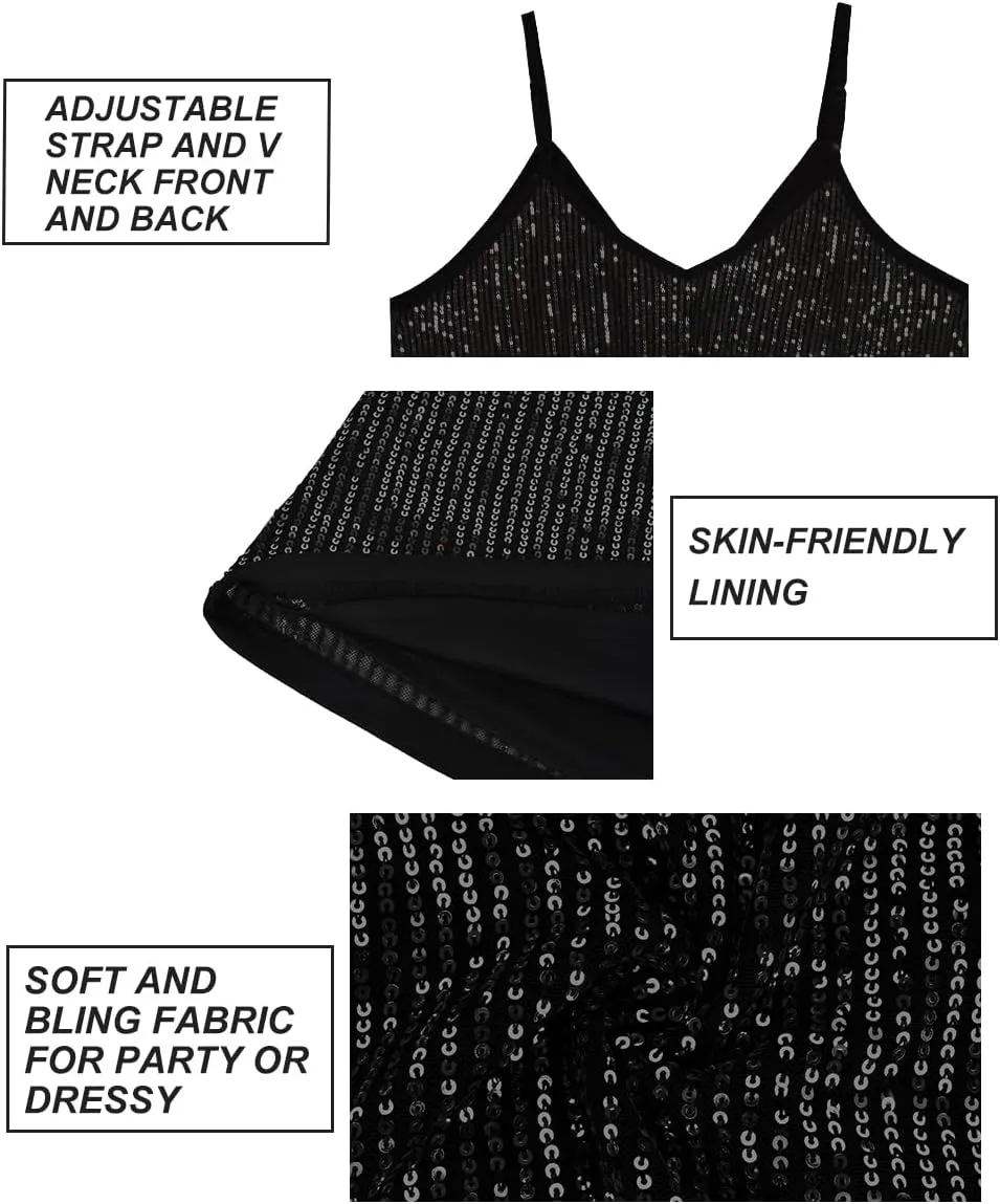 RITERA Plus Size Sequin Tank for Women V Neck Shimmer Sleeveless Tops Glitter Party Spaghetti Sparkle Camisole XL-5XL