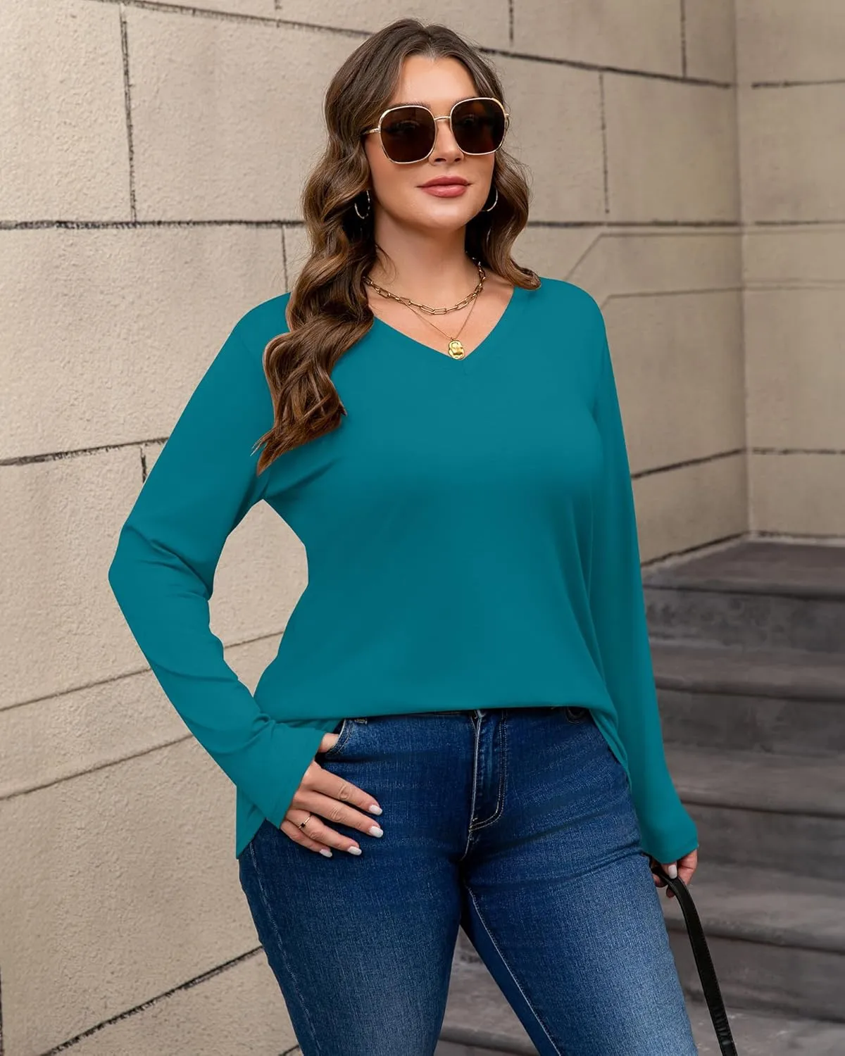 Riyiper 3 Pack Women's Plus Size T Shirt V Neck Long Sleeve Tops Loose Fit Casual Basic Elegant Tunic