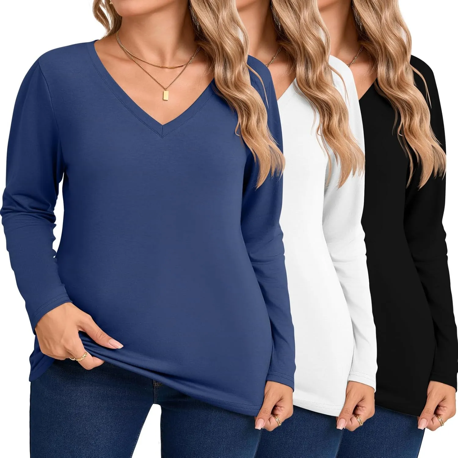 Riyiper 3 Pack Women's Plus Size T Shirt V Neck Long Sleeve Tops Loose Fit Casual Basic Elegant Tunic