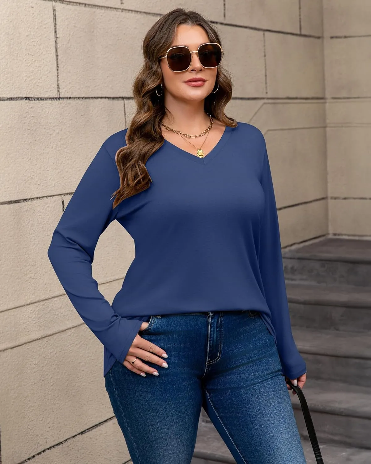 Riyiper 3 Pack Women's Plus Size T Shirt V Neck Long Sleeve Tops Loose Fit Casual Basic Elegant Tunic