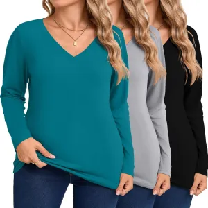 Riyiper 3 Pack Women's Plus Size T Shirt V Neck Long Sleeve Tops Loose Fit Casual Basic Elegant Tunic
