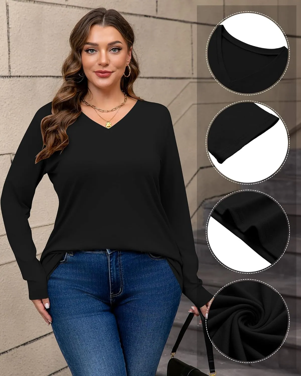 Riyiper 3 Pack Women's Plus Size T Shirt V Neck Long Sleeve Tops Loose Fit Casual Basic Elegant Tunic