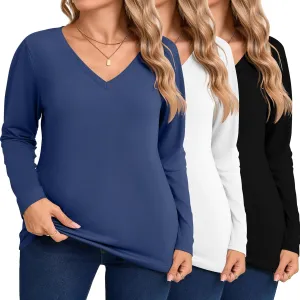 Riyiper 3 Pack Women's Plus Size T Shirt V Neck Long Sleeve Tops Loose Fit Casual Basic Elegant Tunic
